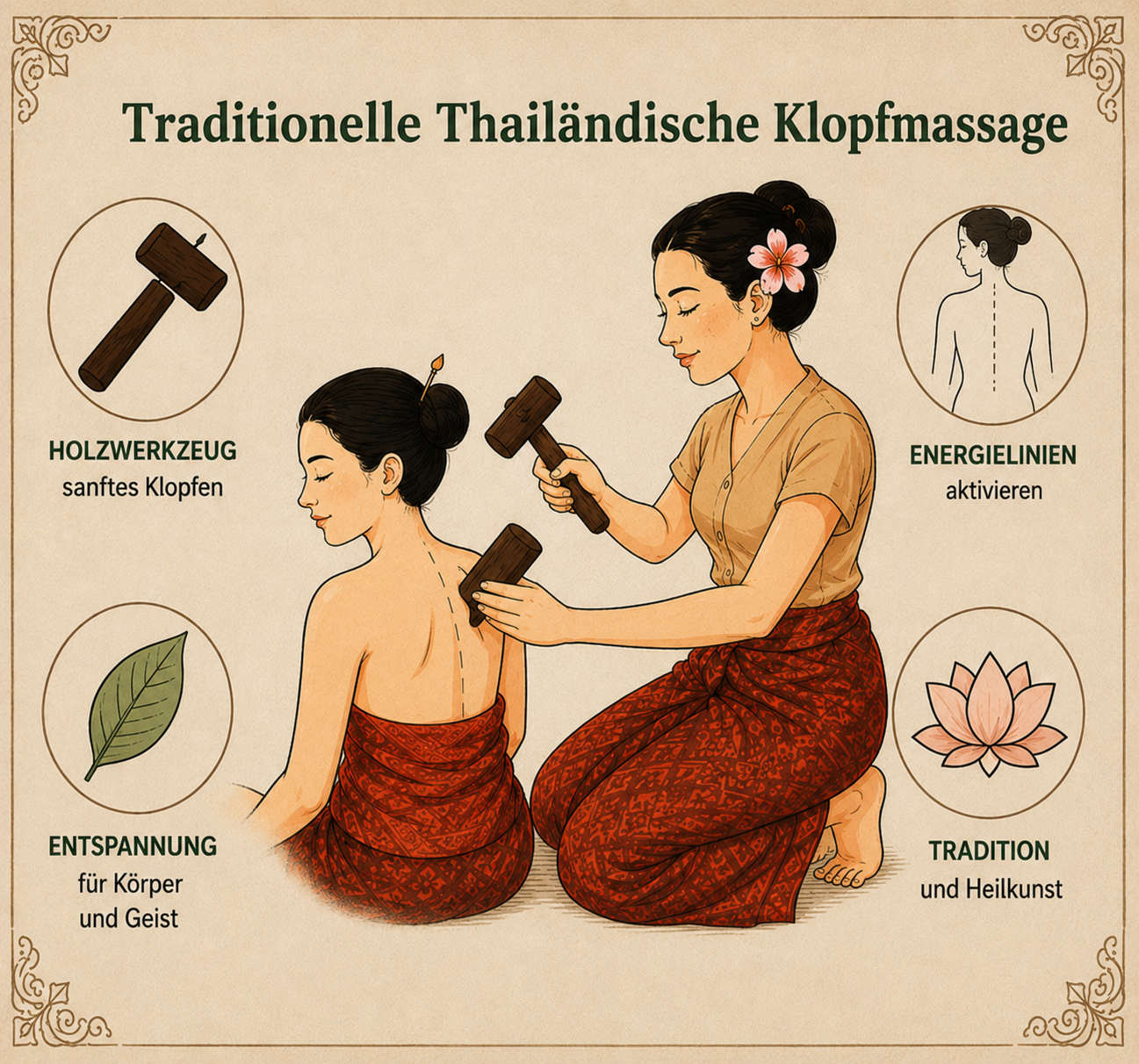 Infografik: Traditionelle Thailändische Klopfmassage – Holzwerkzeug, Energielinien, Entspannung, Tradition