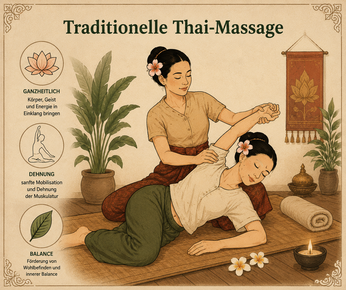 Traditionelle Thai-Massage – passive Yogadehnung und Druckpunktarbeit